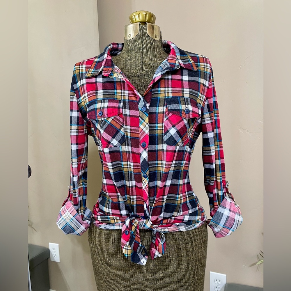 Vintage Y2K Red Plaid Flannel Button Up Shirt Blouse Grunge Indie Western Size S